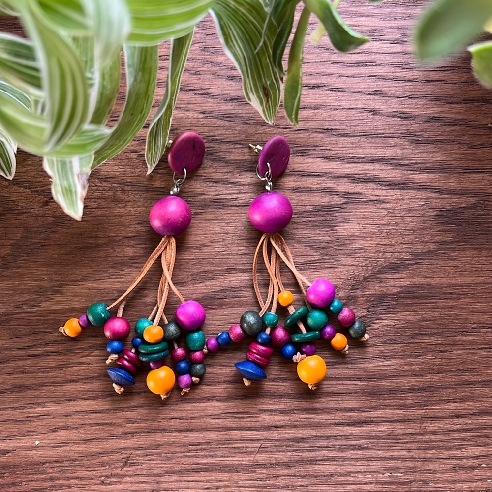 Vintage 1980’s Wooden Beaded Dangle Earrings Purple Yellow Green Blue